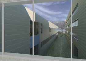 Rendering, interior window view looking out, Building M at Bunker Hill Community College