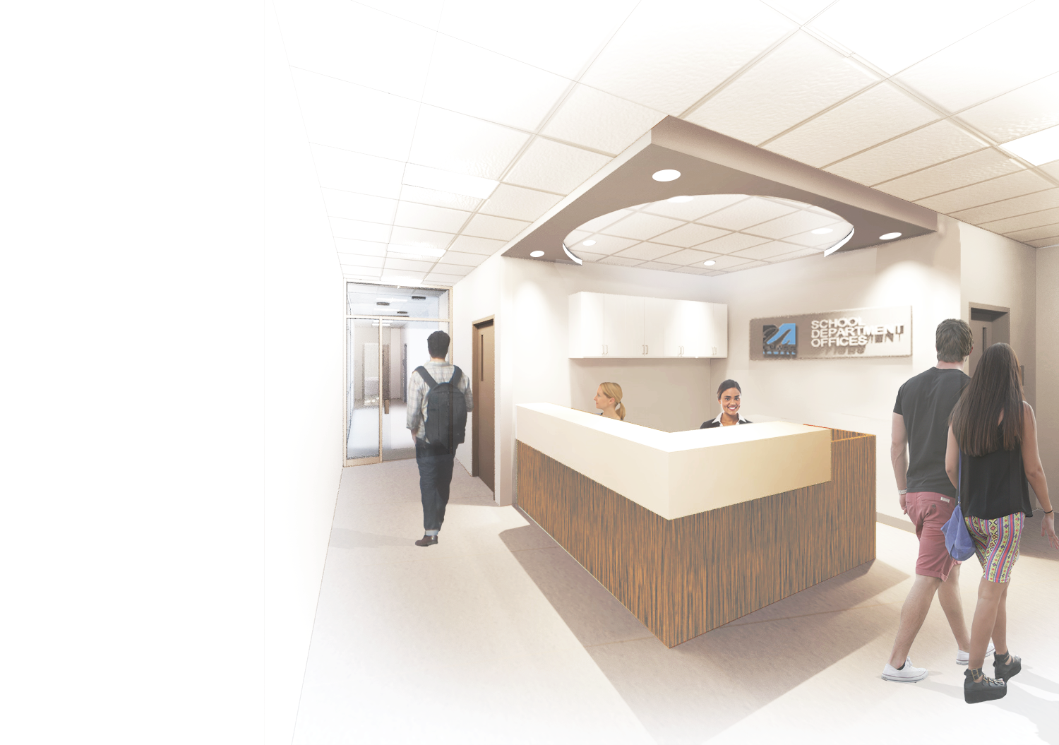Interior, 3rd Floor Rendering of UMass Lowell's South Campus offices, reception area with people occupying the space