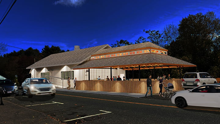 Rendering, exterior Casey's Public House Patio, Road View