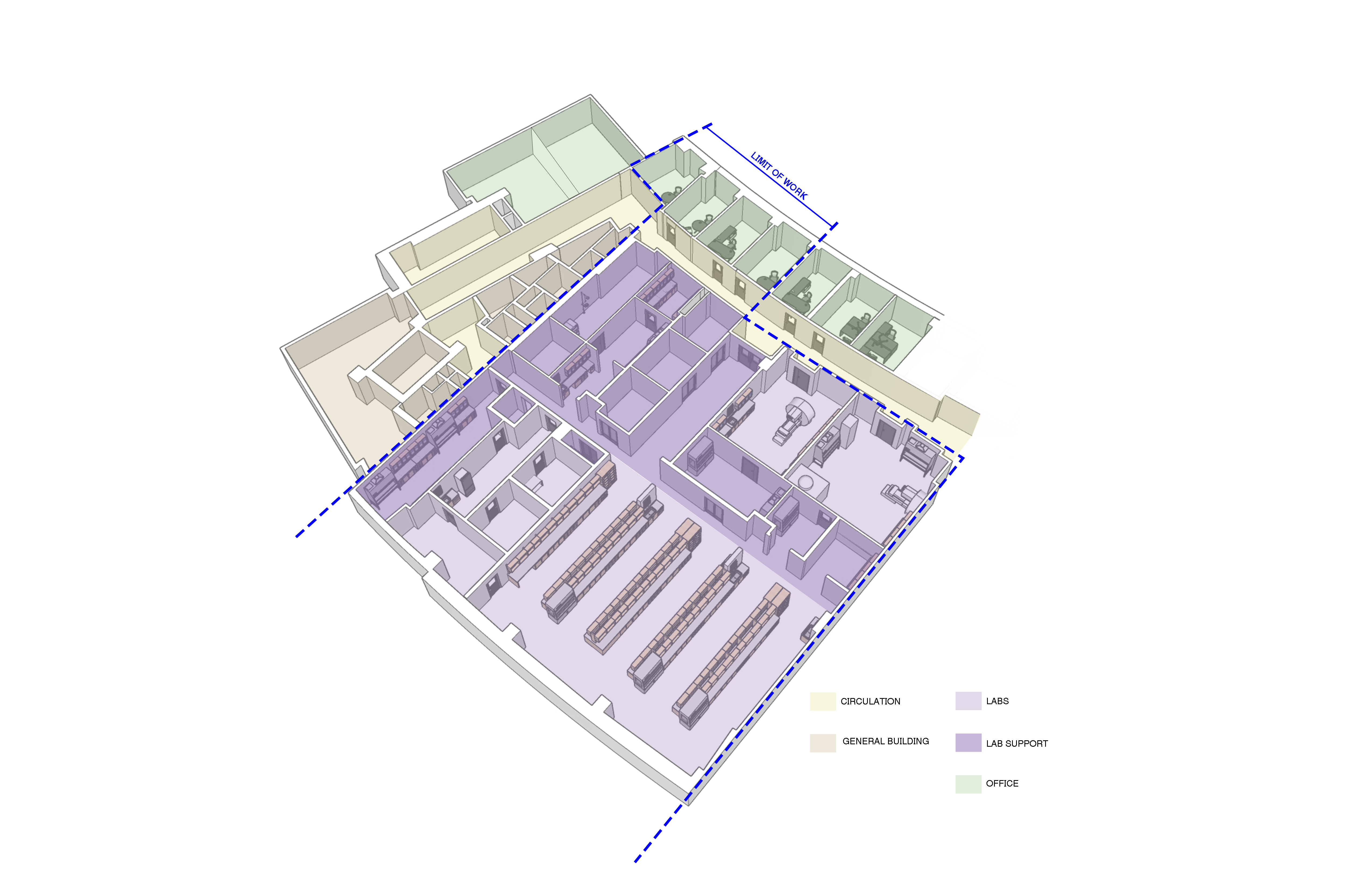 Diagram, bird's eye view of interior of UMass Amherst Bio-Medical Engineering Lab