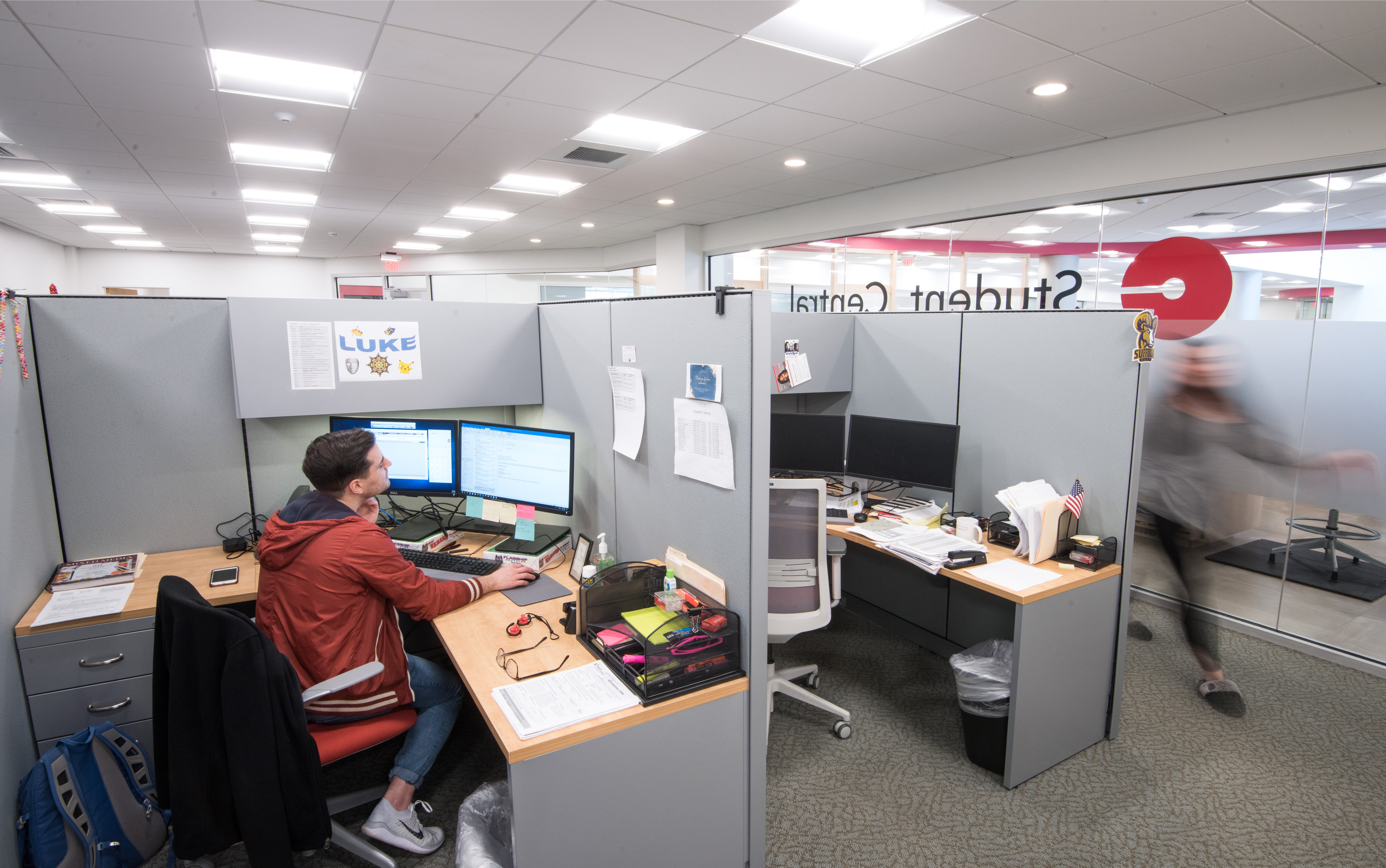 Student Central Administrative Offices at Bunker Hill Community College, interior, occupied cubicles with office chairs, computers, other office equipment, staff occupy the space