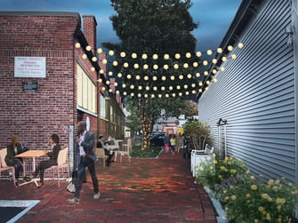 Exterior, rendering, alley view of Café Asaro, people occupy the space