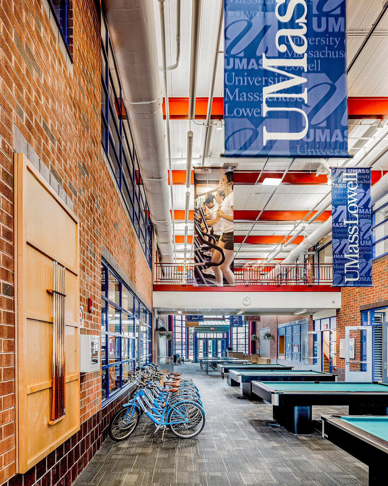 Interior, UMass Lowell Recreation Building, bicycles, pool tables