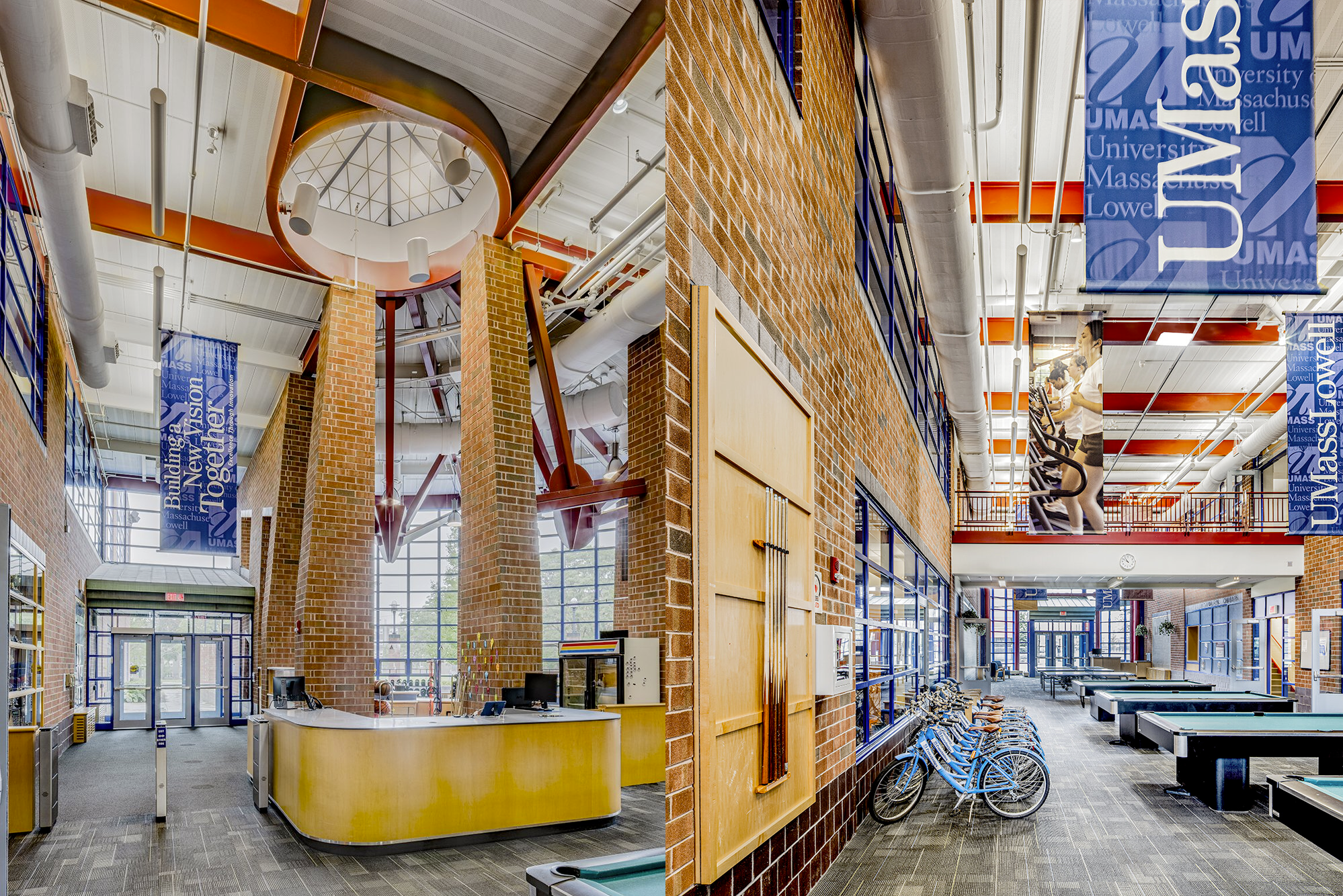 Interior, UMass Lowell Recreation and Guest Services area, guest services counter, various gym equipment