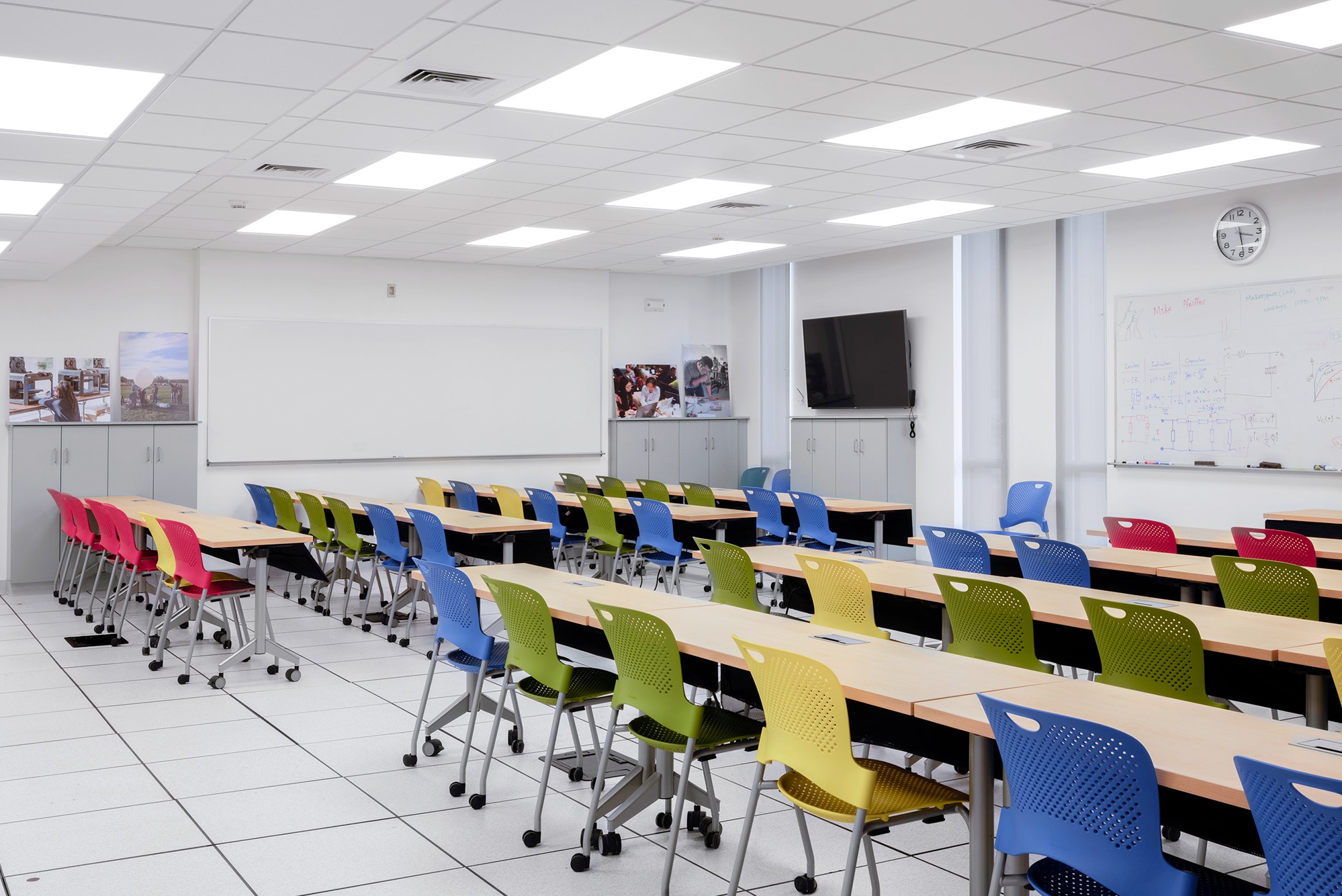 Interior, Lederle Maker Space at UMass Amherst, classroom space, desks, chairs, whiteboard, monitor, storage