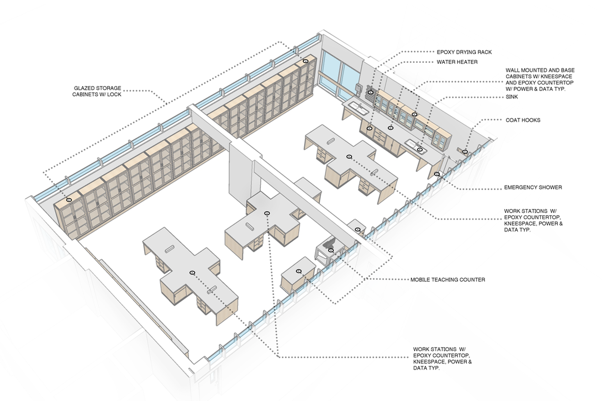 Interior,  bird's eye view floor plan of Health Sciences Laboratory at UMass Lowell