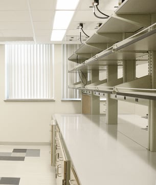 Interior, Morrill Research Lab at UMass Amherst, work stations, shelving, storage