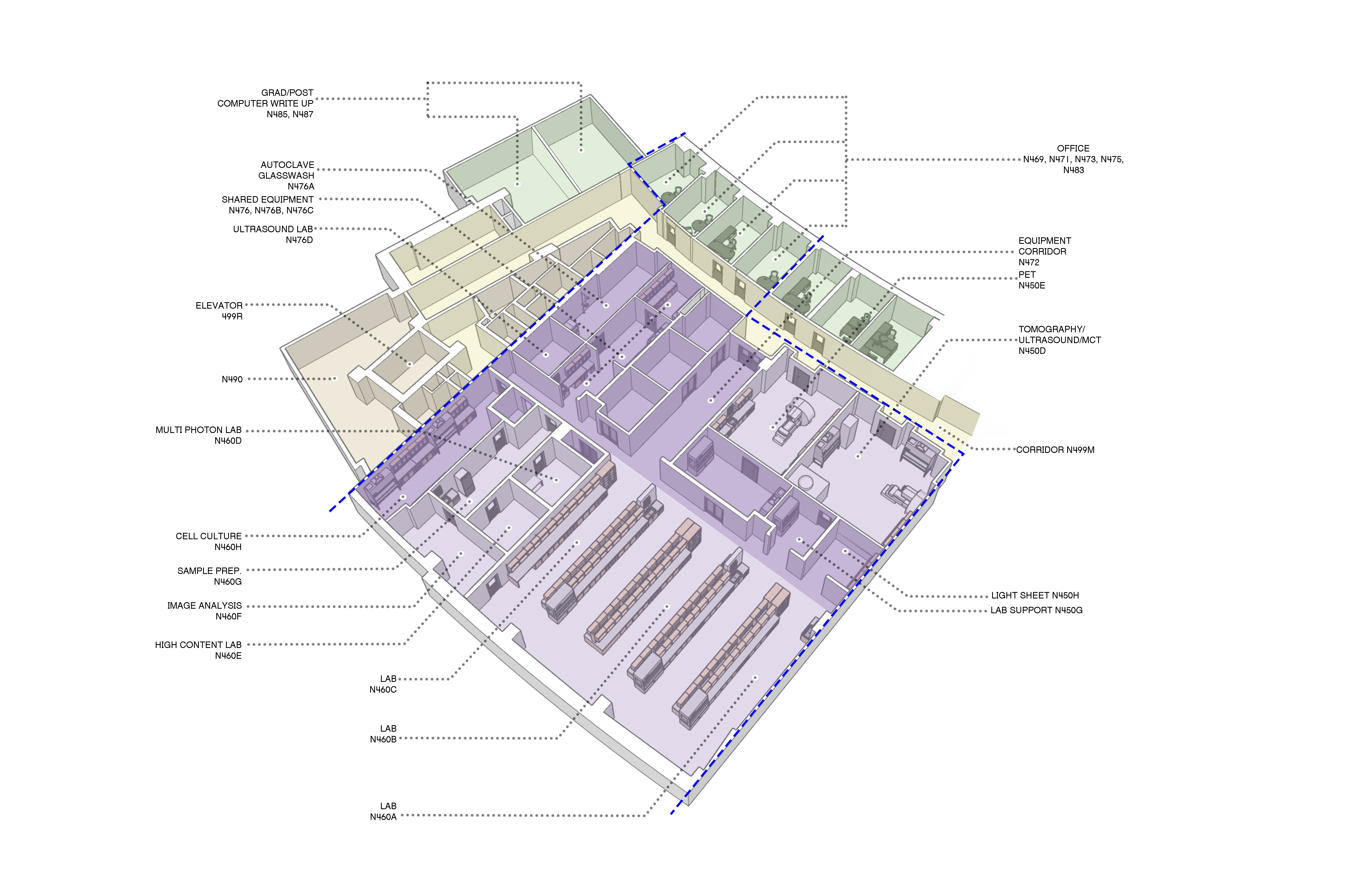 Plan with room names, bird's eye view, interior, Bio-Medical Engineering Lab at UMass Amherst