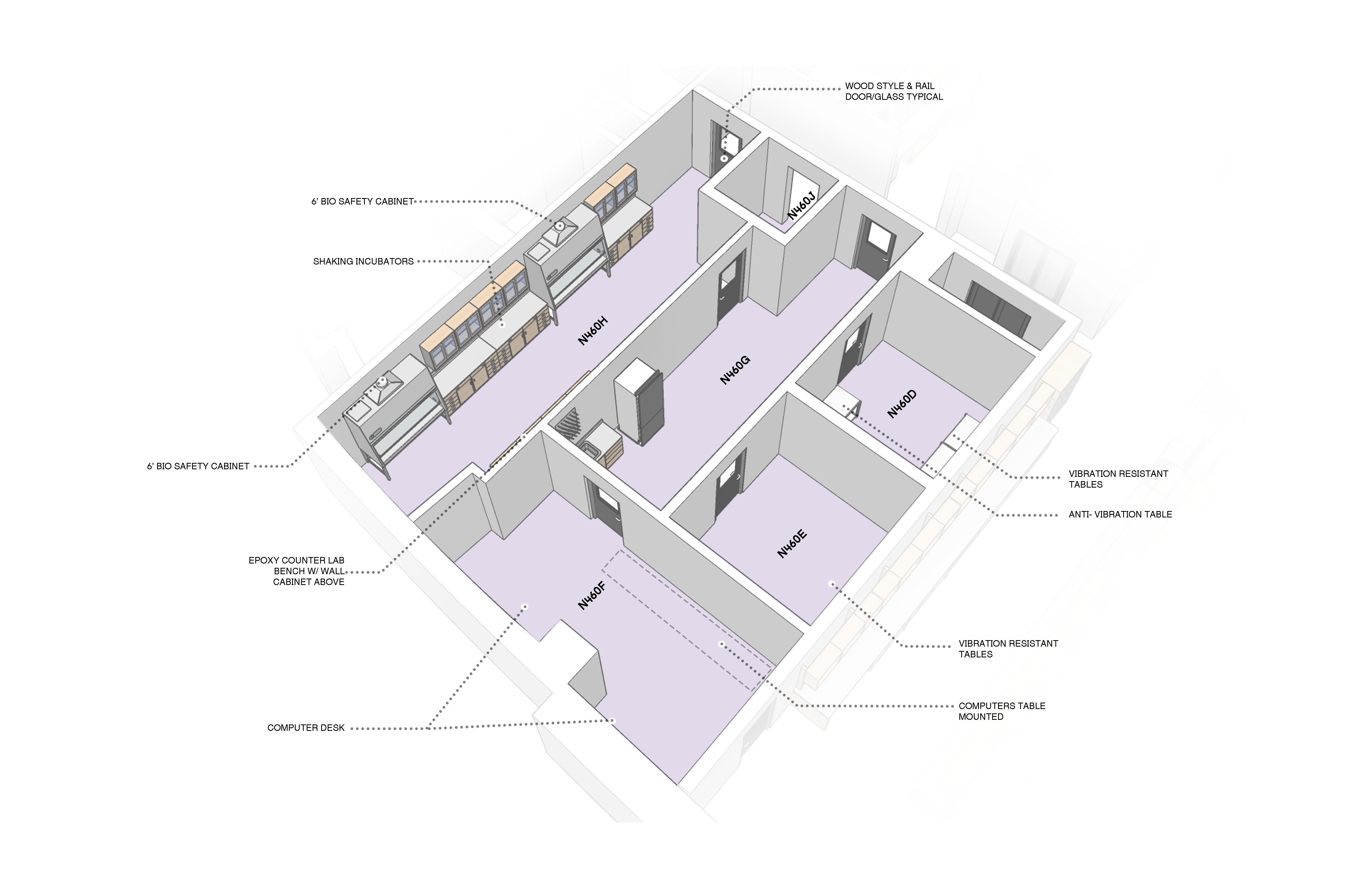 Diagram, bird's eye view of interior of UMass Amherst Bio-Medical Engineering Lab Quadrant 1-3