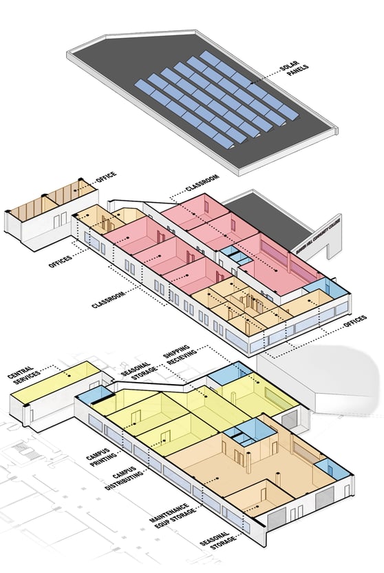 Interior stack diagram triple layer, Building M at Bunker Hill Community College