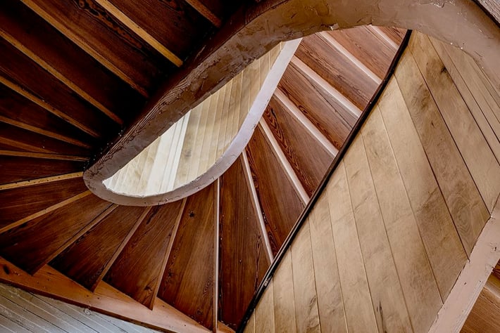 View looking up into Wannalancit Staircase at UMass Lowell