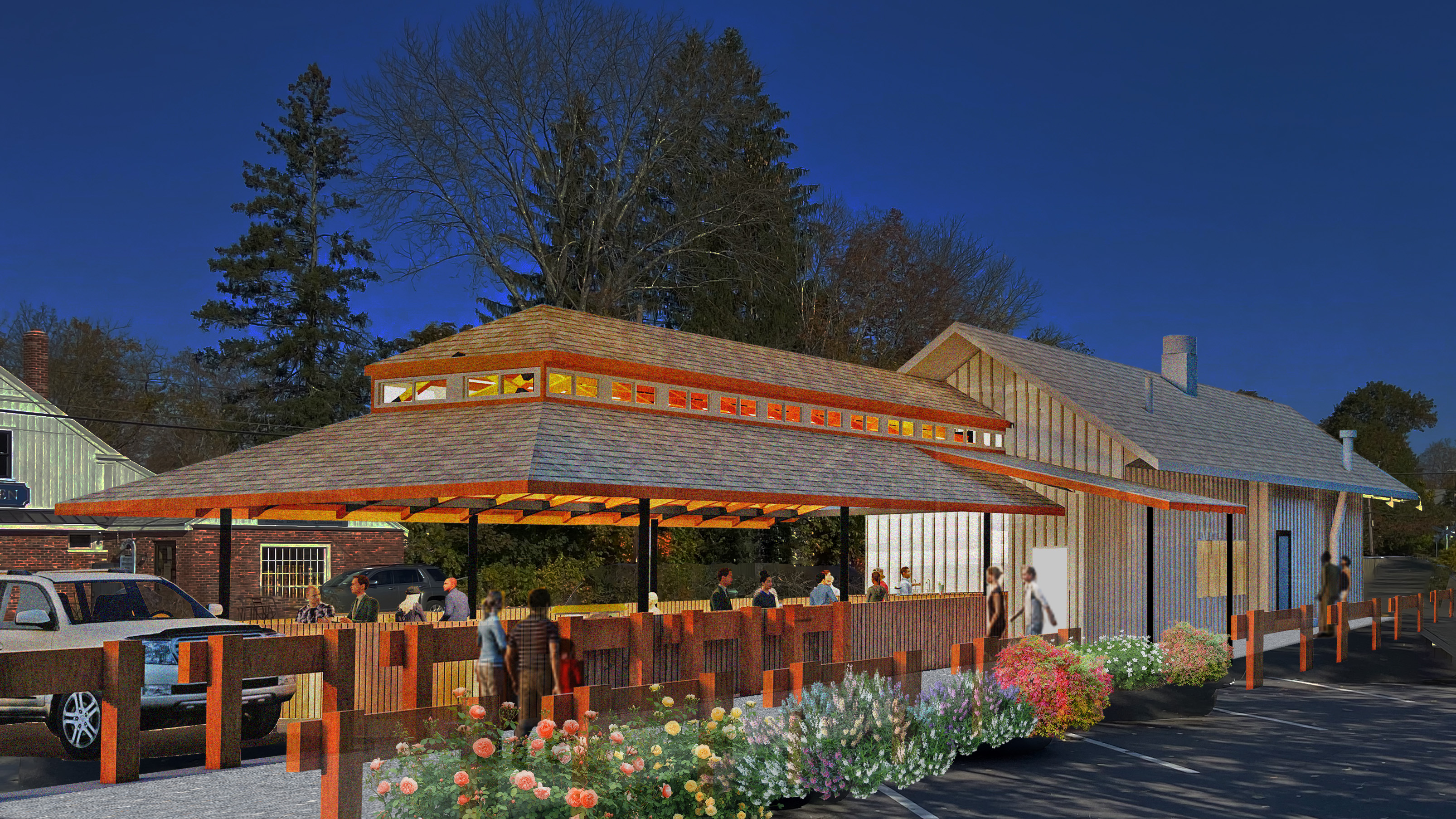 Rendering, exterior Casey's Public House Patio, Rail Trail side