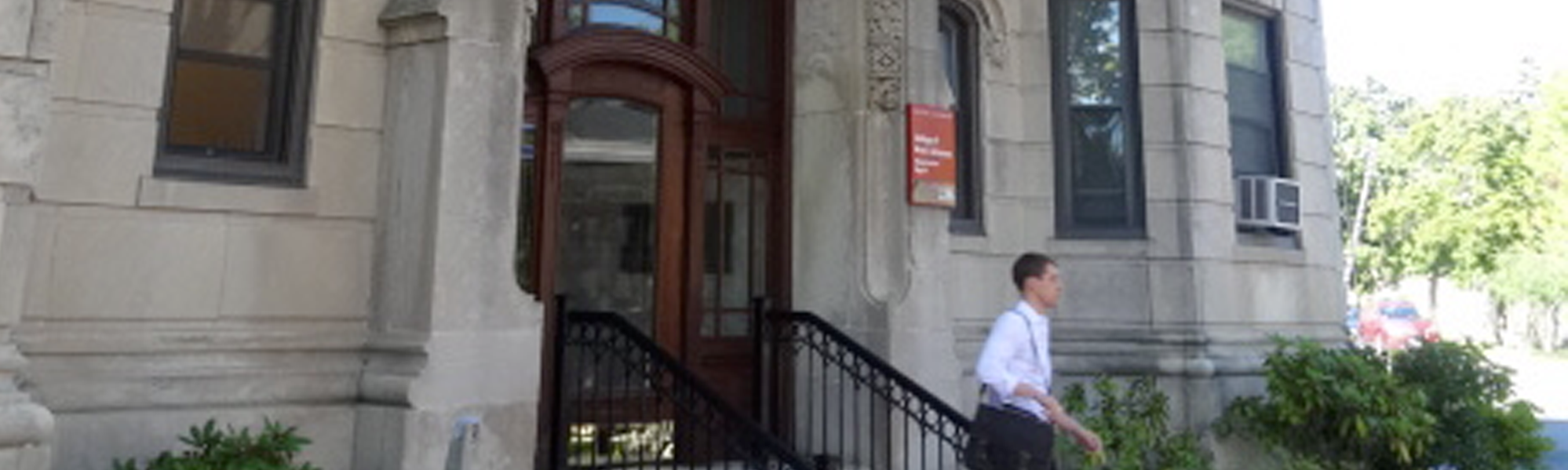 Exterior, English Department Offices at Boston University, street view, staff exiting the building