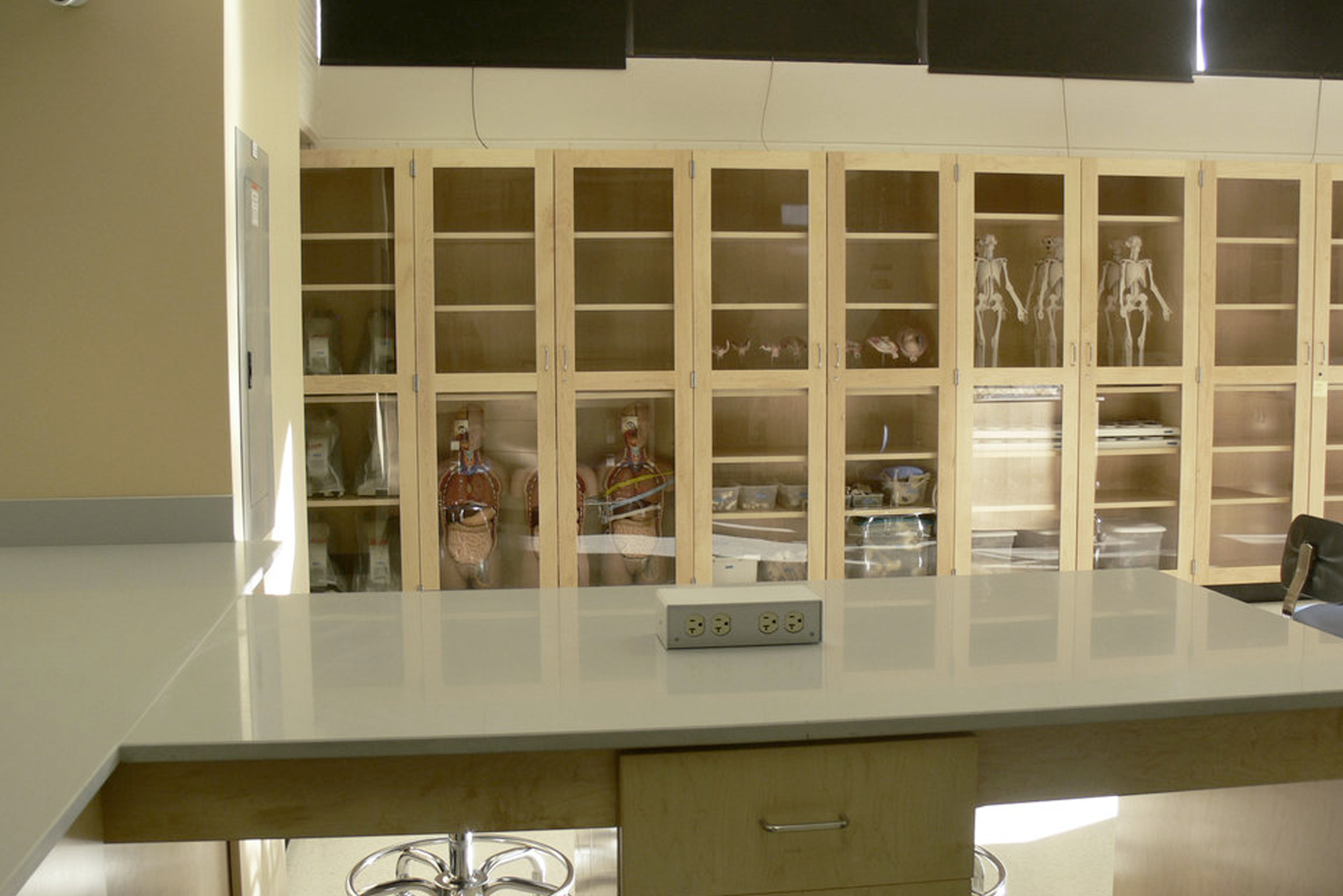 Interior, Health Sciences Laboratory at UMass Lowell, work stations, storage