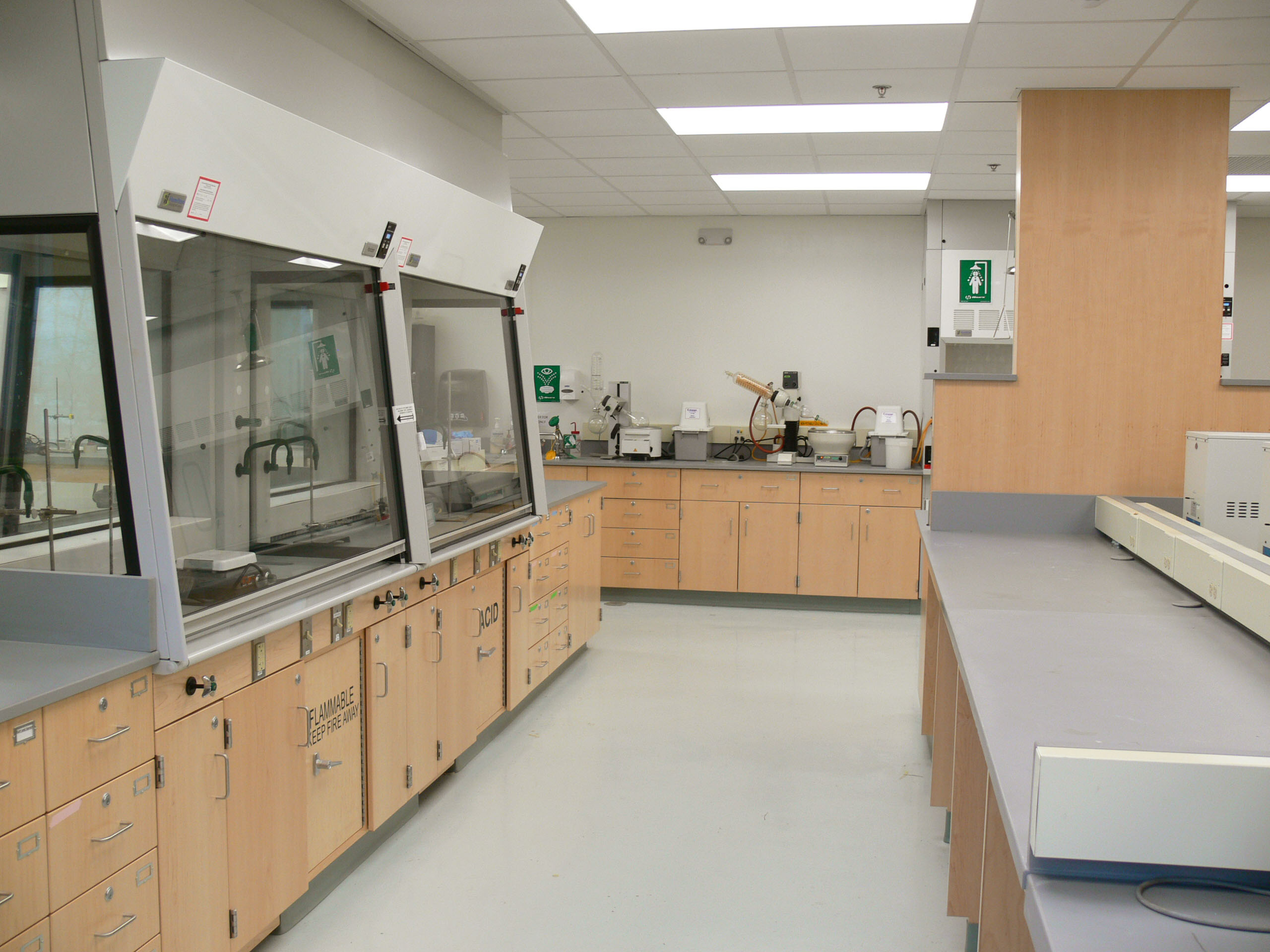 Interior, Olney Teaching Laboratory at UMass Lowell, fume hoods, work stations, equipment