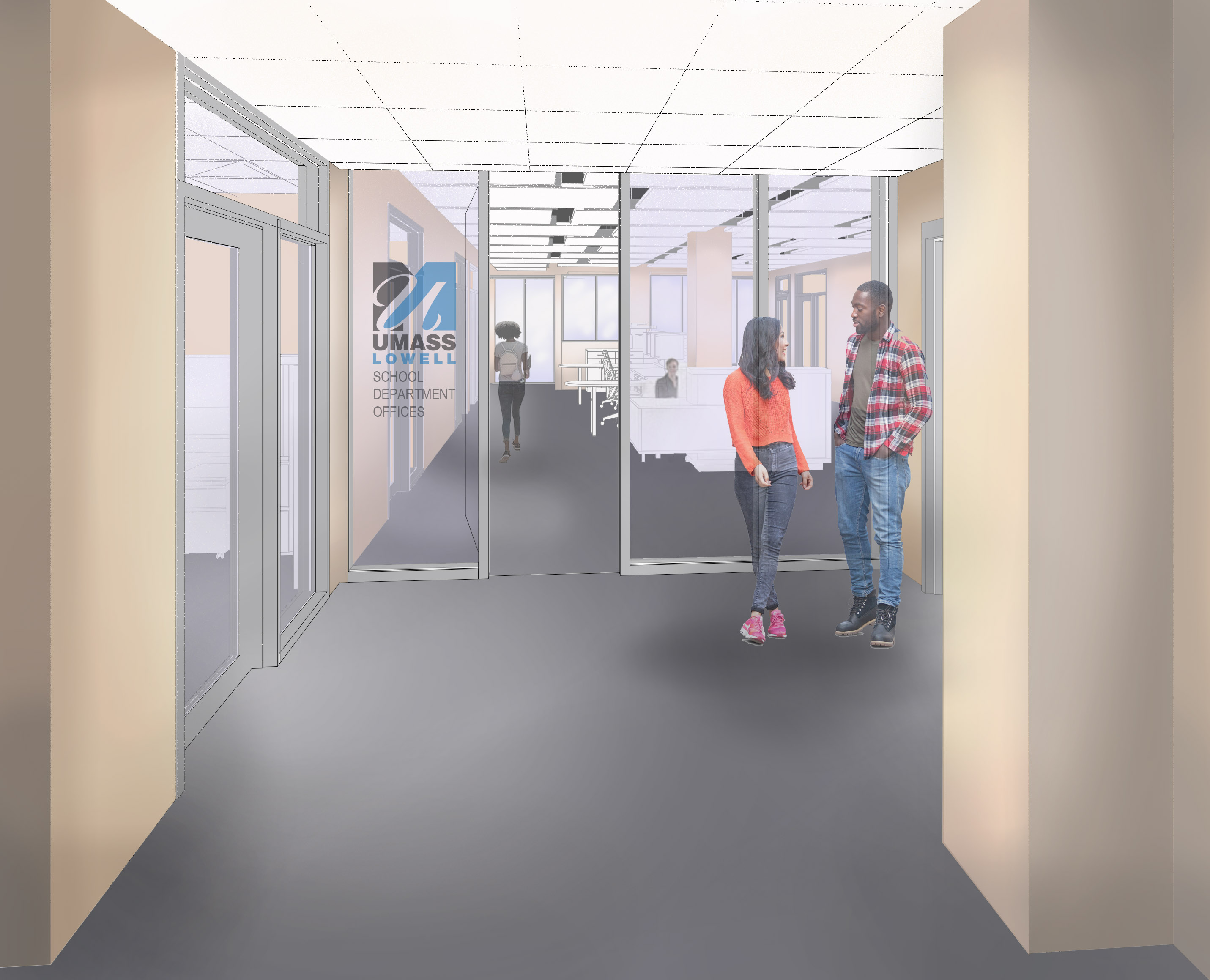 Interior rendering, Engineering Department Offices at UMass Lowell, students outside of the office