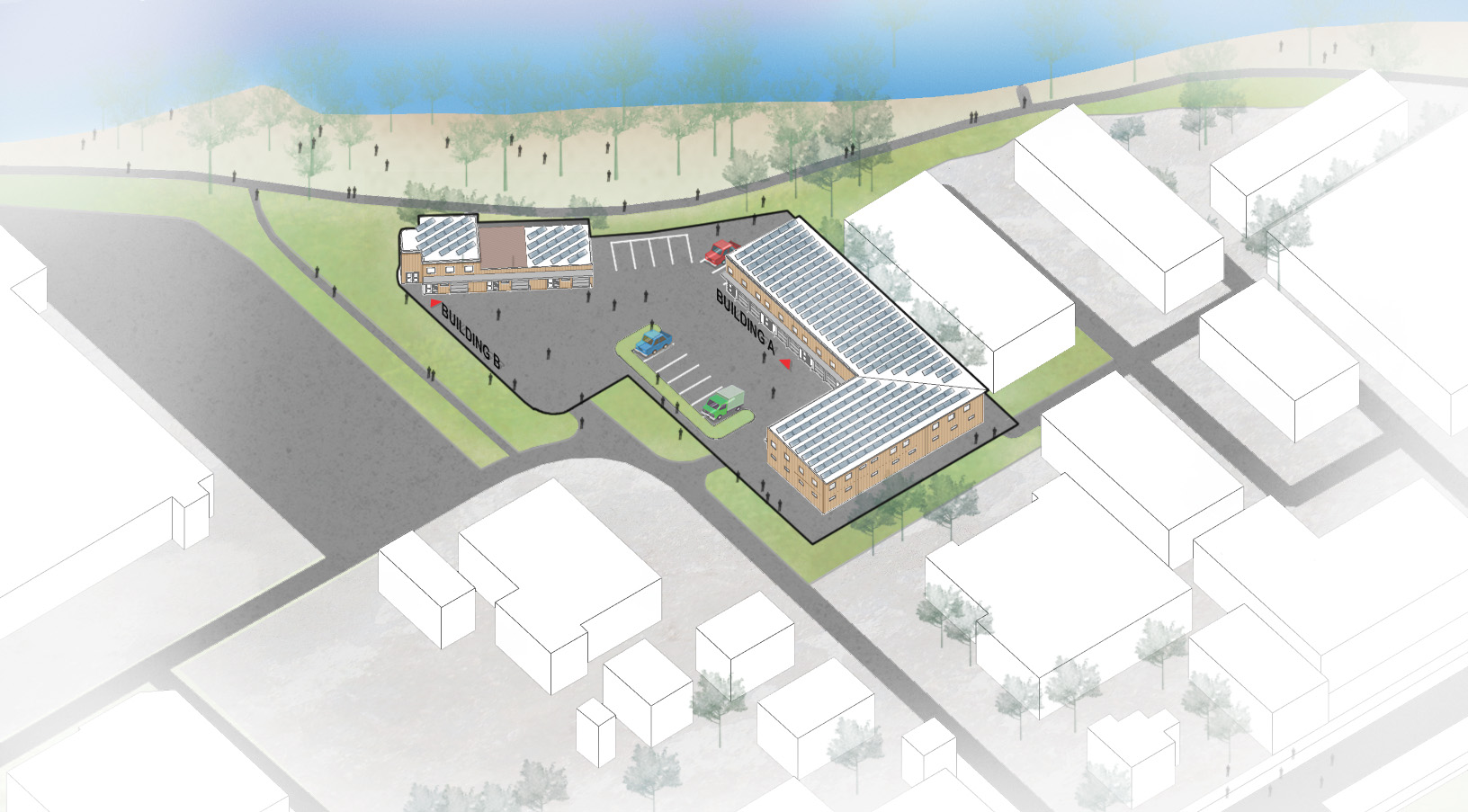 Exterior, Bird's Eye Rendering of Riverdale Redevelopment