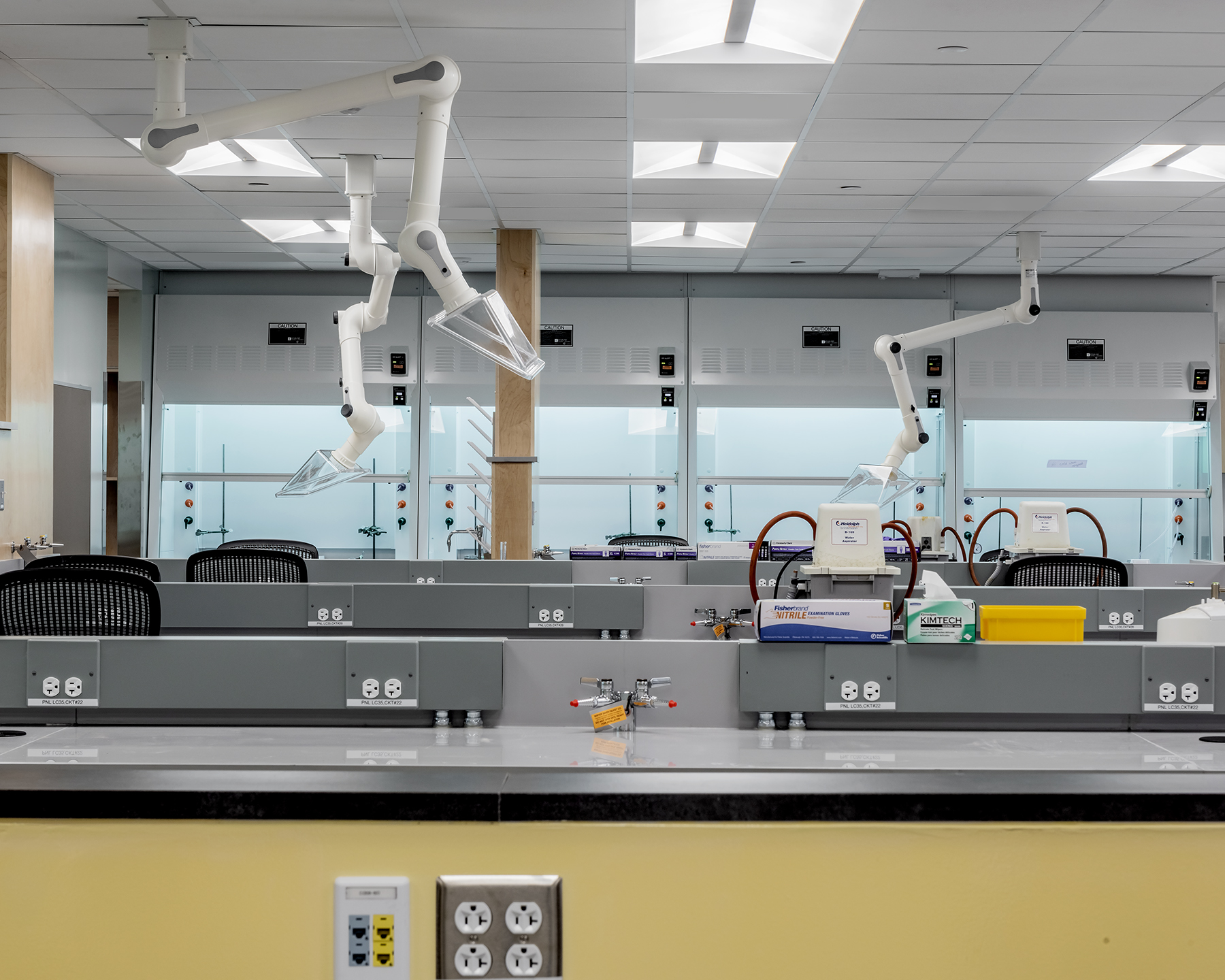 Interior, Olney Organic Chemistry Lab at UMass Lowell, work stations, equipment, fume hoods, ceiling mounted lab fume exhausts