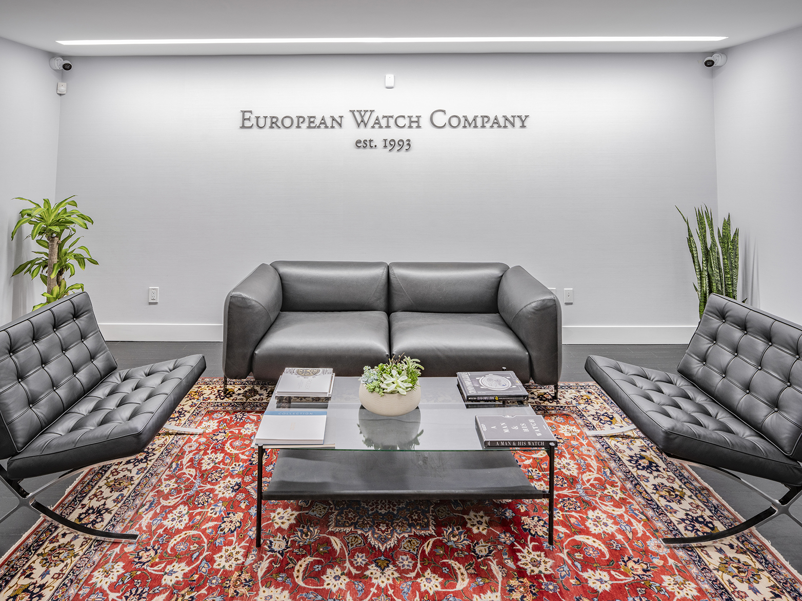 Interior of European Watch Company, lounge area, 3 love seats, oriental area rug with glass coffee table with  plants, books, with "European Watch Company est. 1993" on the wall behind center love seat, plants in the corner