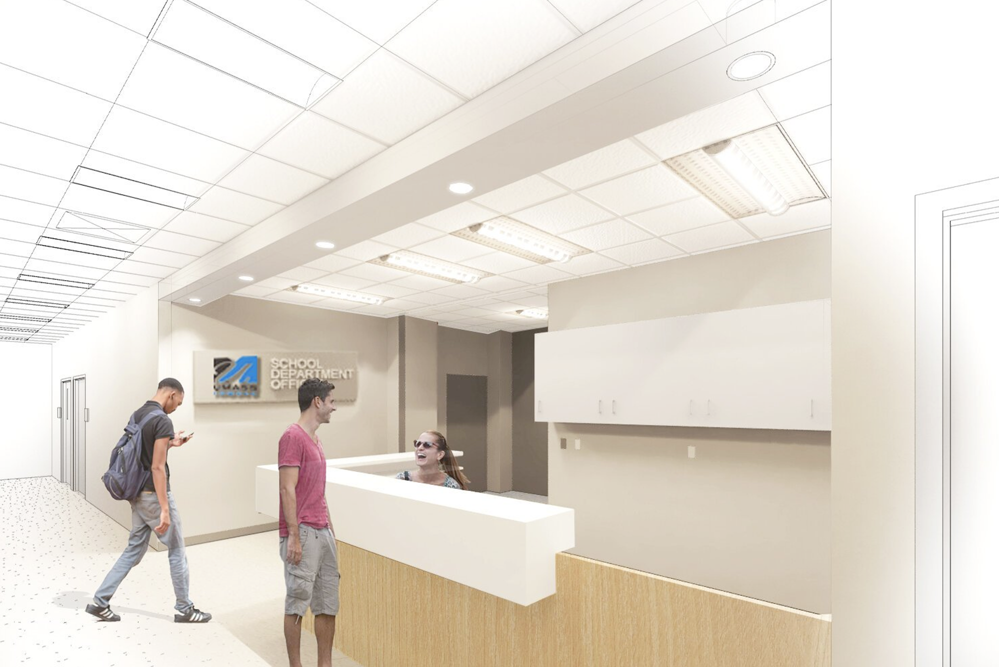 Interior, Rendering of UMass Lowell's South Campus offices, reception area with people occupying the space