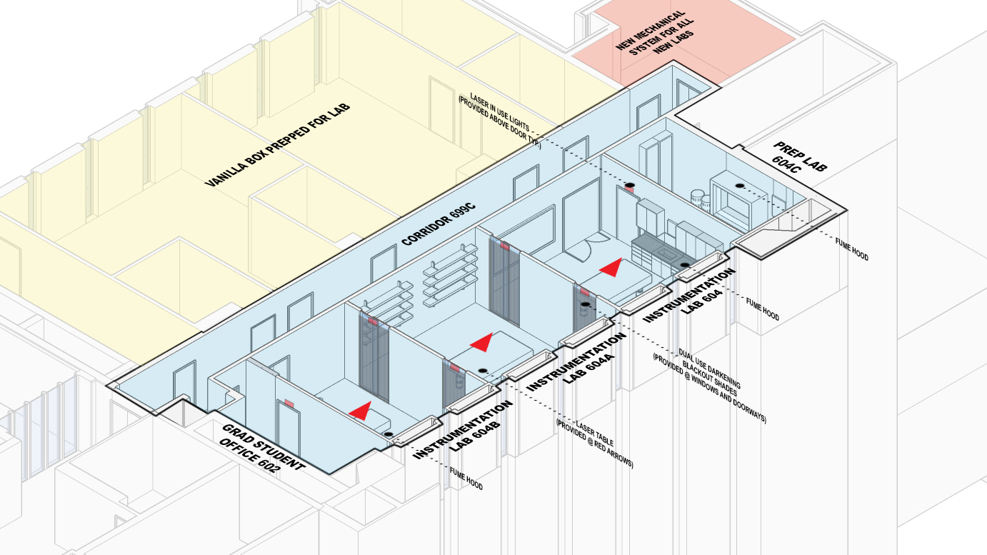 Interior, bird's eye view plan of Lederle 6th Floor Laser Labs at UMass Amherst