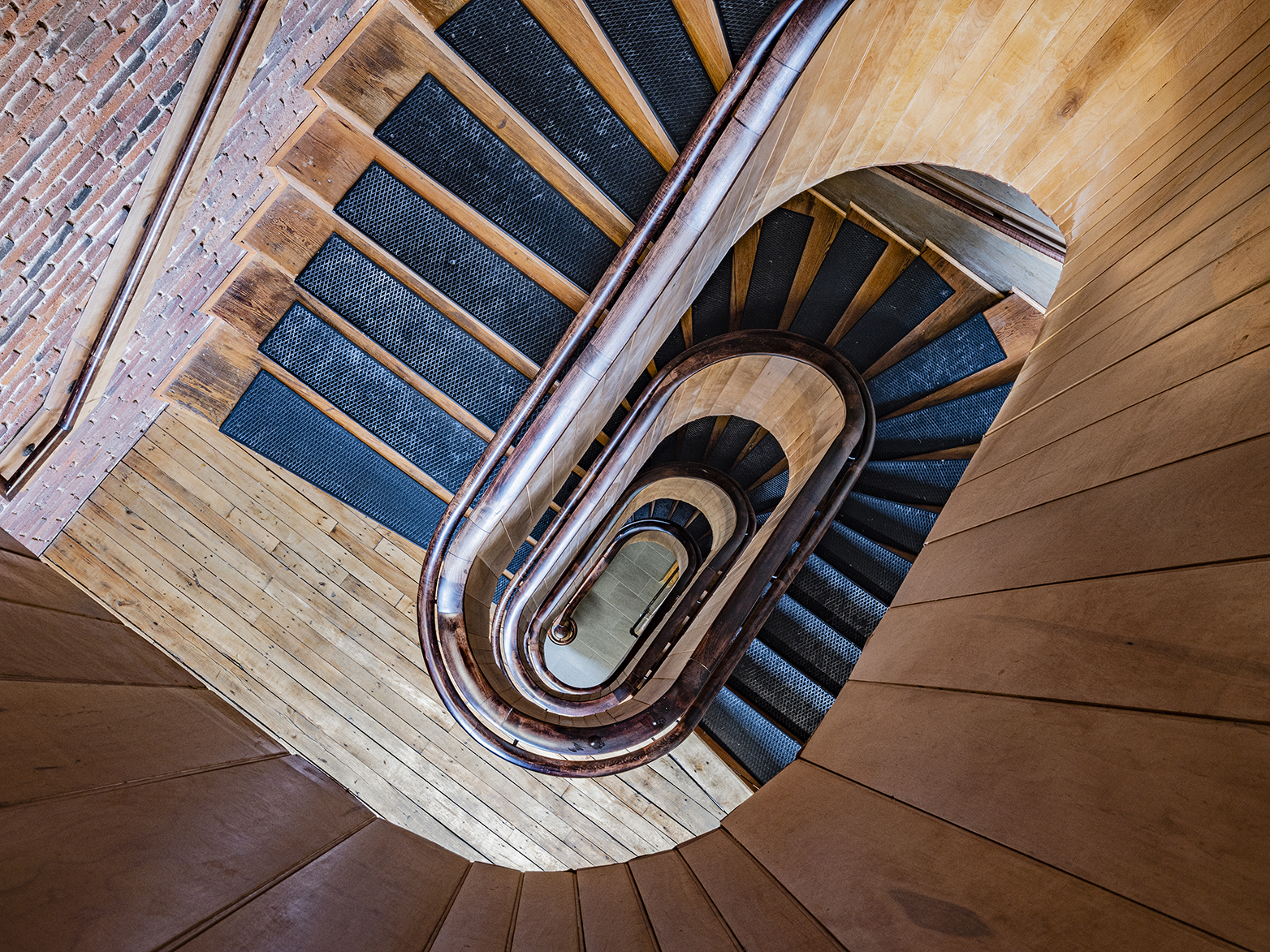 Overhead view looking down into Wannalancit Staircase at UMass Lowell